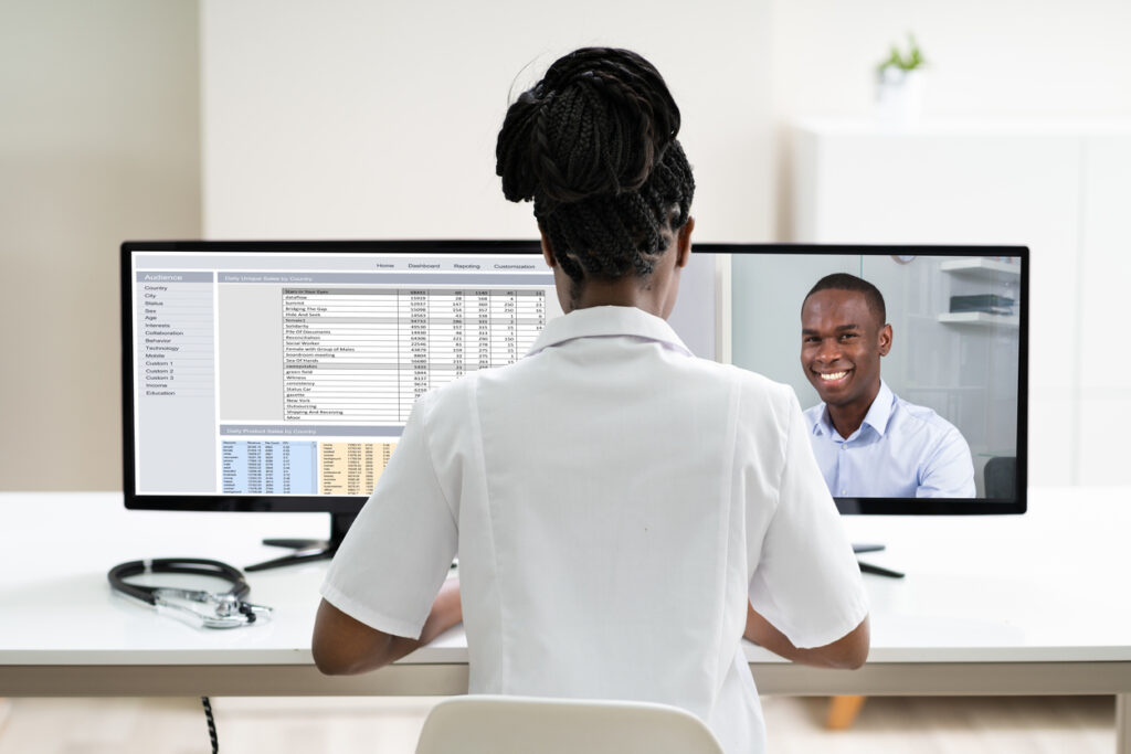 Medical professional working from home using her own device in accessing company's systems and records.